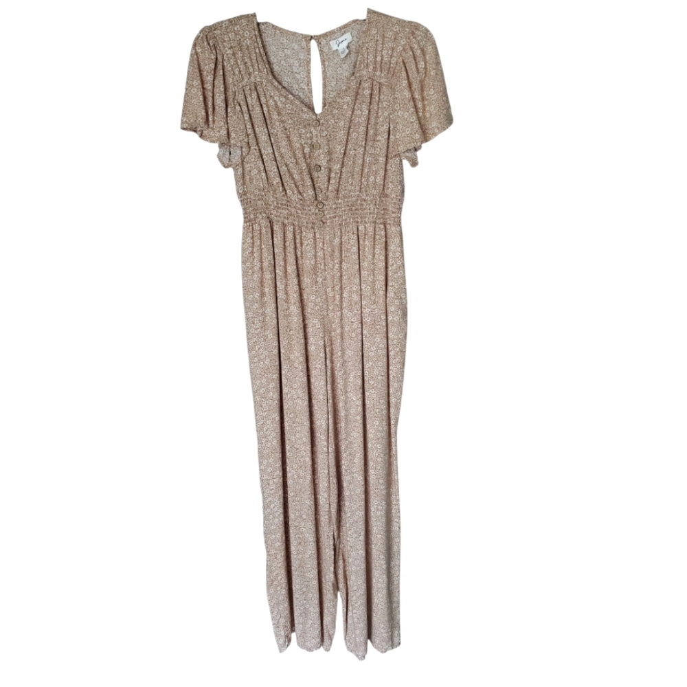 Japna Beige Floral Wide Leg Jumpsuit - Large